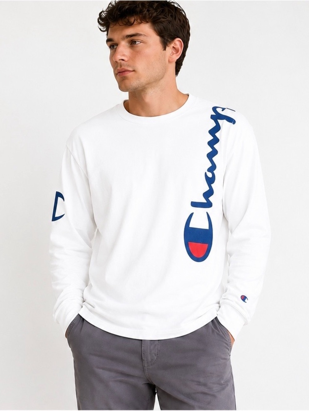 Champion White Long-Sleeve Tee with Navy & Red Logo